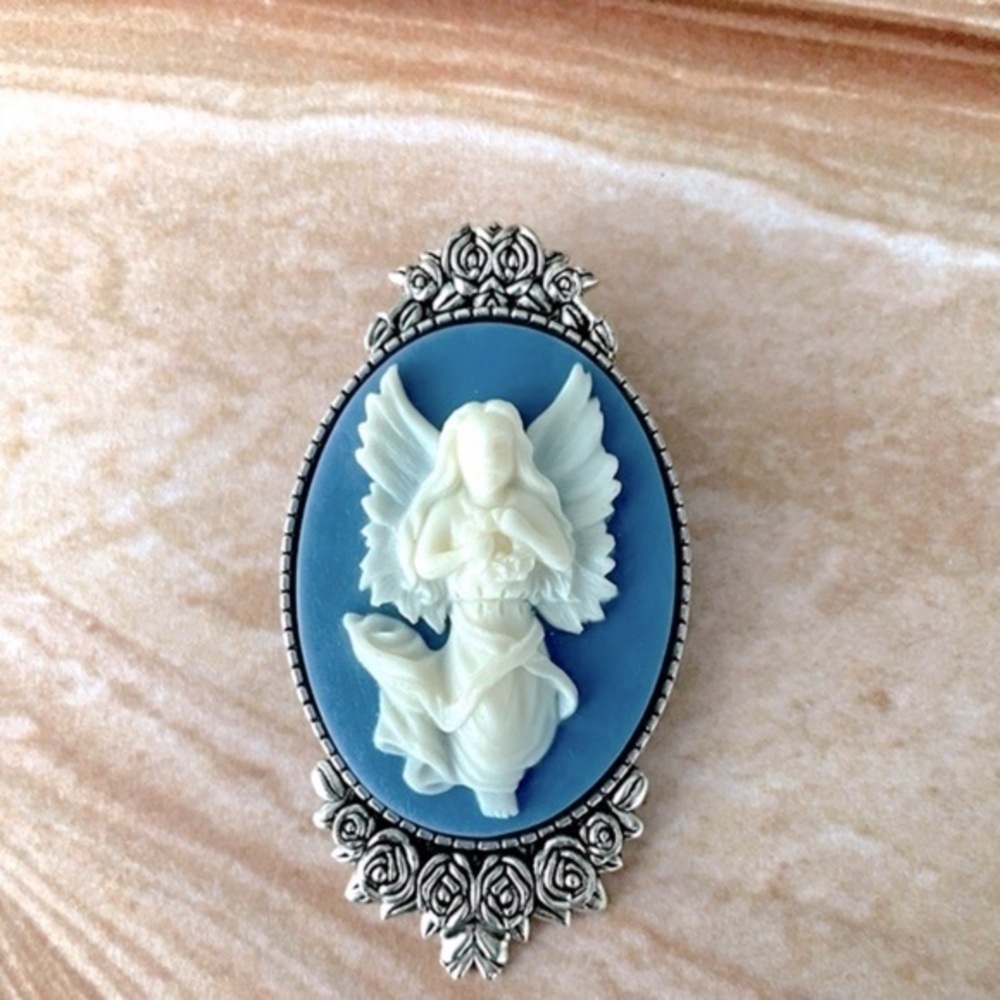 Blue and White Angel Cameo Victorian Style Brooch, NWT, Handmade, Unworn